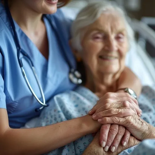 Compassionate hospice caregiver offering bereavement support to a grieving family